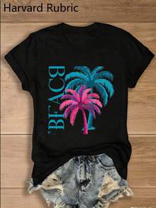 Una camiseta de manga corta para mujer, moderna, a la moda, retro y de corte holgado, adecuada para actividades al aire libre en primavera y verano.Una camiseta multicolor de cuello redondo que presenta estilos gótico oscuro y Y2K, moderna, retro y transpirable, con un estilo urbano, casual y versátil, con estampados de palmeras y "BEACH".blusas para mujer,blusas casuales para dama,tops,, mujer premium,y2k,playeras de mujer curvy,ofertas y liquidaciones ropa mujer,playeras deportivas para mujer,,playeras de hombre, mujer,blusas>elegante LFOG - Negro - Ver 8