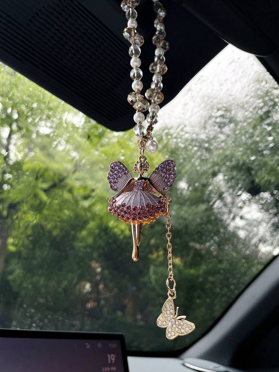 Creative Angel Girl Car Pendant, Rhinestone Decor Car Rearview Mirror Hanging Ornament, Butterfly Pendant Car Accessories, Gift For Her - Angel Girl - View 1