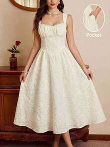 Vestido elegante vintage de mujer con bolsillos, vestido corset, dobladillo floral fruncido, vestido casual de vacaciones y fiestas, vestido de invierno, ropa de invierno para mujer, vestido de invierno, conjunto de verano para mujer, conjunto de Navidad para mujer, vestido de Navidad, vestido de fiesta de Navidad, vestido de Año Nuevo, vestidos de Año Nuevo para mujer, conjunto de Año Nuevo para mujer, ropa de Año Nuevo, vestidos elegantes para fiestas, vestidos elegantes de fiesta, vestidos elegantes para mujer - Beis - Ver 3