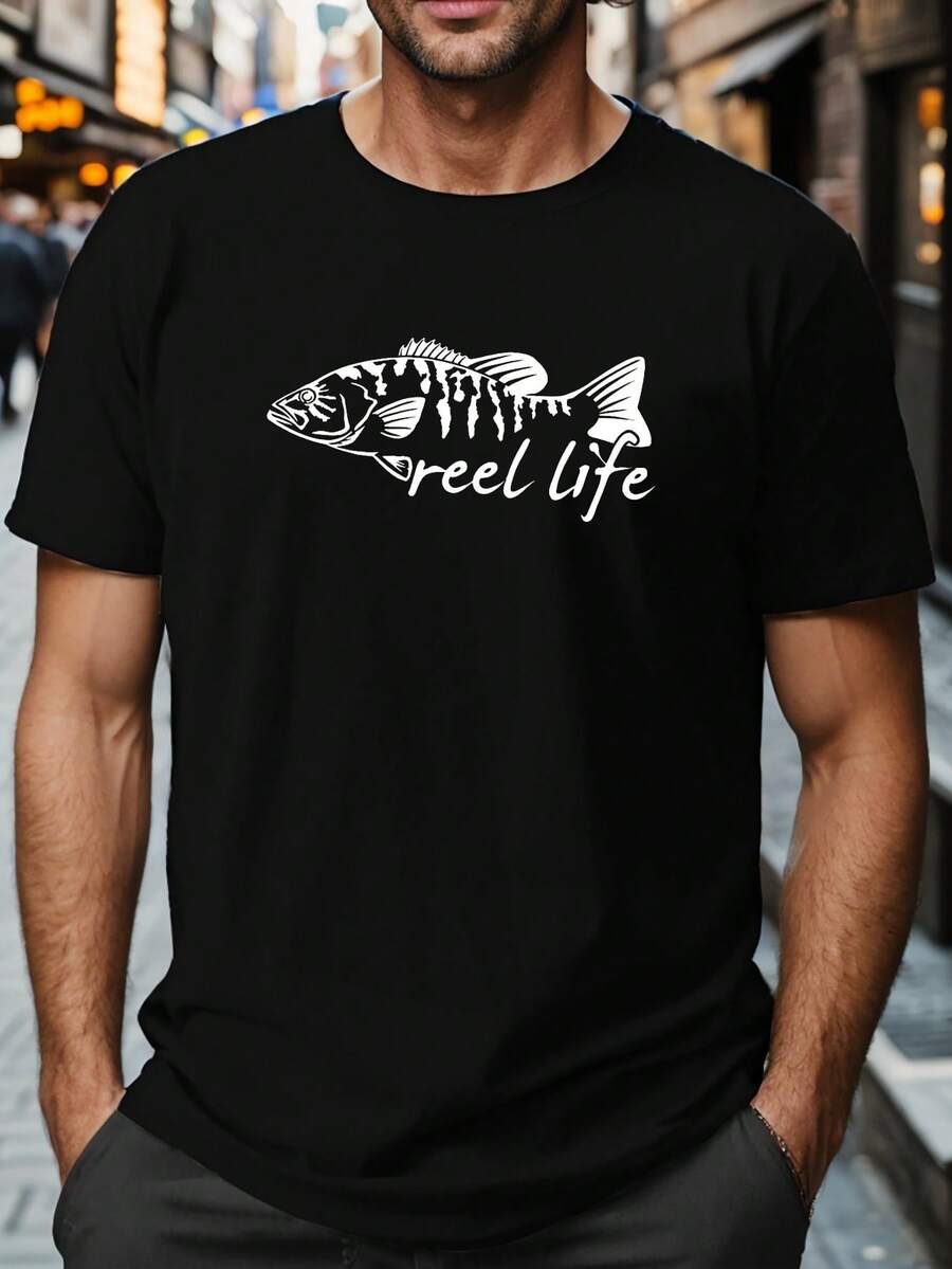 Camiseta de talla grande Reel Life Fish Crinkle para hombre - Negro - Ver 1