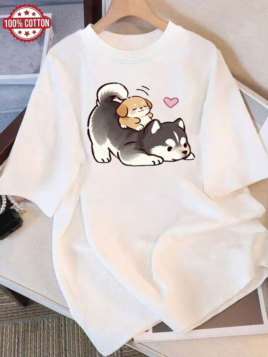 Camiseta de Verano Moderna de Algodón, Holgada, de Cuello Redondo, Versátil, Cómoda, Casual, para Mujer, Juvenil, a la Moda, de Manga Corta para Uso Diario - Blanco - Ver 1