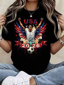 Camiseta de aficionado al fútbol de EE. UU. Blanca con diseño de alas de la bandera de EE. UU. y la Estatua de la Libertad para el 2026, ideal para eventos deportivos y el orgullo nacional) playeras de mujer - Negro - Ver 1
