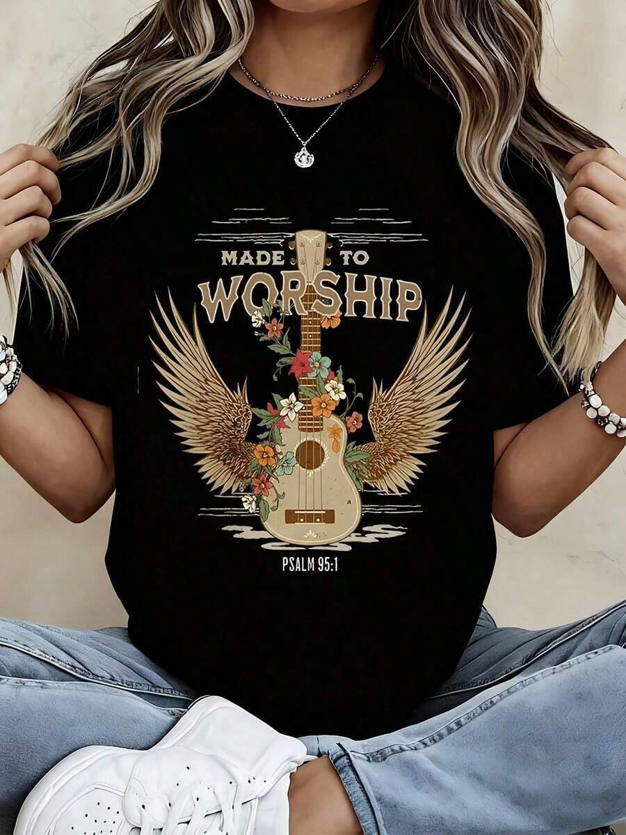 Camiseta de Moda para Mujer con Diseño de Guitarra con Alas y Flores, Hecha para Adorar, Diseño de Música de Fe Cristiana para Eventos de Adoración en la Iglesia y Uso Diarioblusa casual mujer - Negro - Ver 1