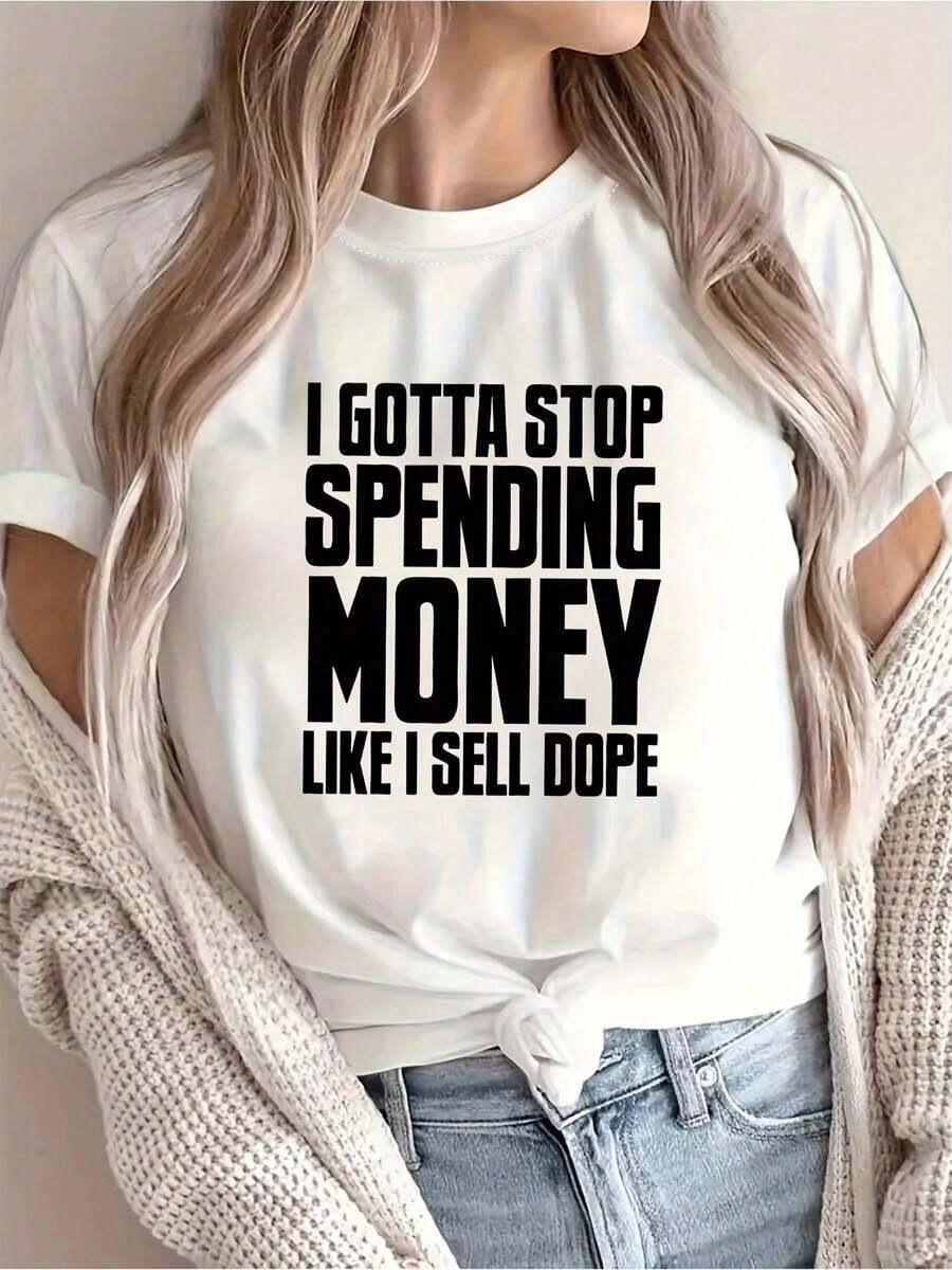 ComfortableCamiseta de Mujer con Estampado de Dinero y Eslogan - Blusa Casual de Cuello Redondo y Manga Corta para Primavera y Verano, Lavable a Máquina, Top con Declaraciones de Riqueza y FinanzasFashion All-match Women's Short Sleeve T-shirt, Basic Style for Inner & Outer Wear