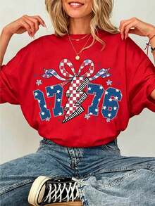 Camiseta de Mujer 100% Algodón con Estampado Gráfico Patriótico 1776, Diseño Estético Y2K a Cuadros con Rayos, Top Casual Suave de Manga Corta, Atuendo Perfecto para el 4 de Julio, Ropa de Verano Urbana, Regalo Único, Ropa Fresca de Verano para Mujer - Rojo - Ver 1