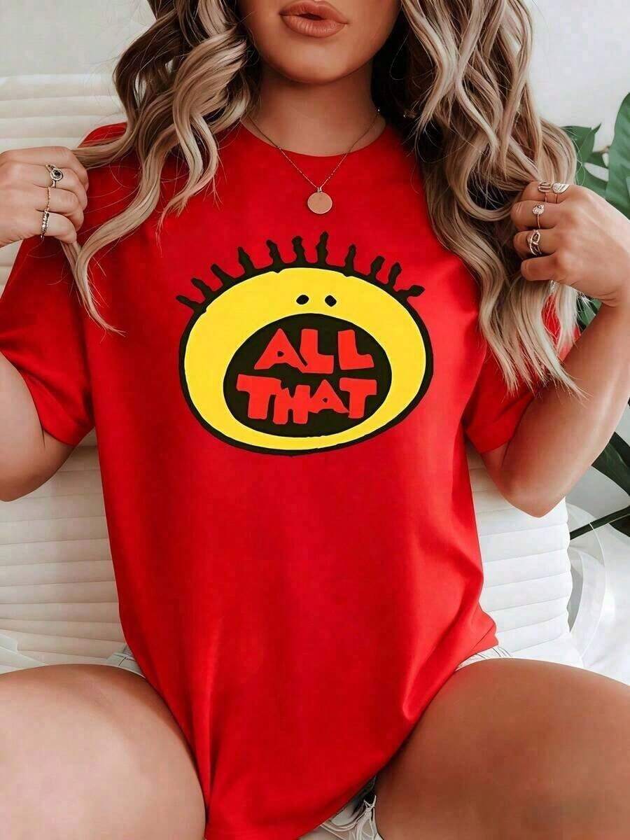playeras de mujer algodon Camiseta de algodón 100% de corte relajado para mujer, color amarillo brillante, con un gráfico de cara feliz y palabras rojas llamativas que representan confianza, positividad y un estado de ánimo divertido. Idea de regalo. >ropa - Rojo - Ver 1