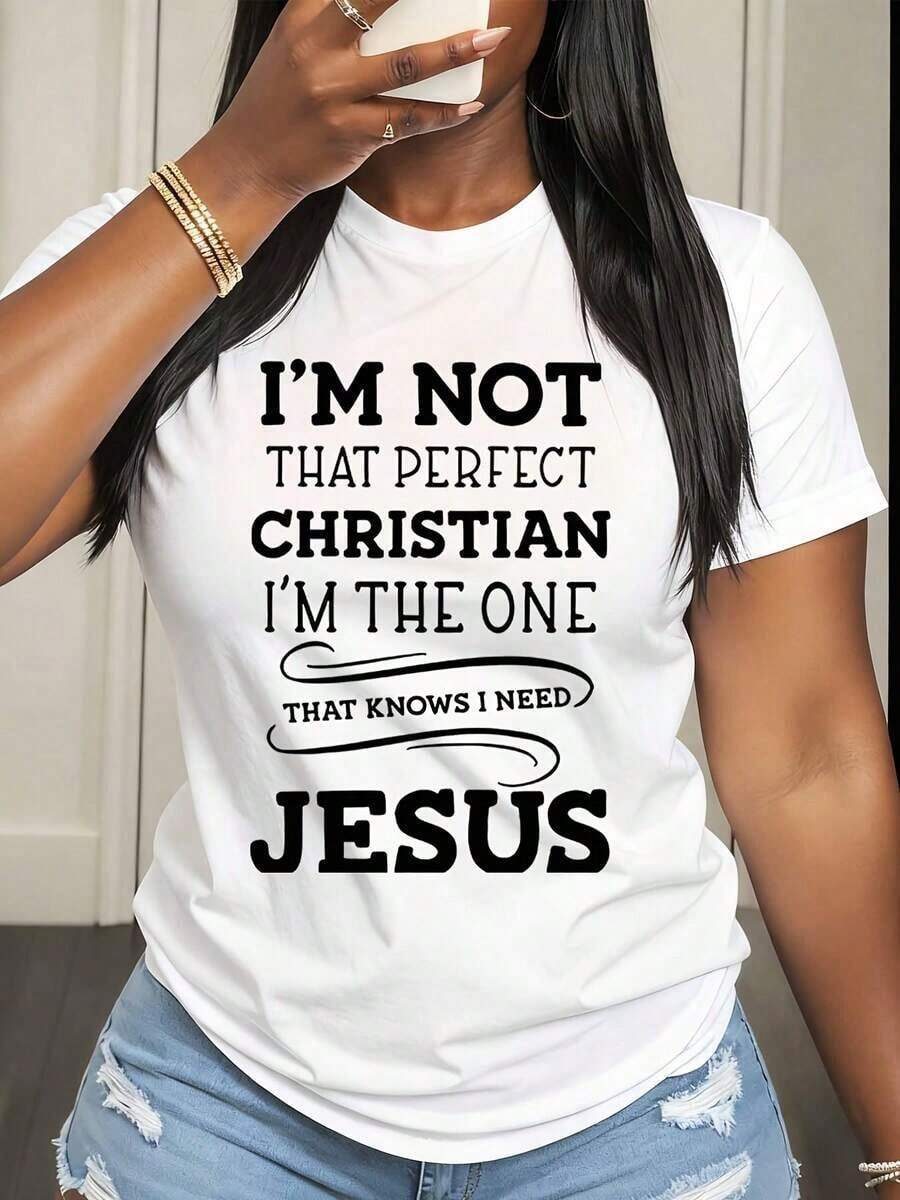 Camiseta de Mujer con Estampado Gráfico: Fe Cristiana, No Soy Ese Cristiano Perfecto, Soy El Que Sabe Que Necesita a Jesús, Para Iglesia y Uso Diario - Blanco - Ver 1