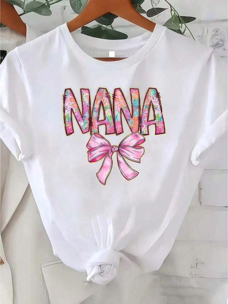 1 pieza de ropa para mujer, camiseta blanca con estampado floral y lazo, camiseta unisex casual de cuello redondo, tela ligera, lavable a máquina, para primavera/verano/otoño, Navidad/Día de la Madre/Día de San Valentín, 180g, 100% algodón. - Blanco - Ver 1