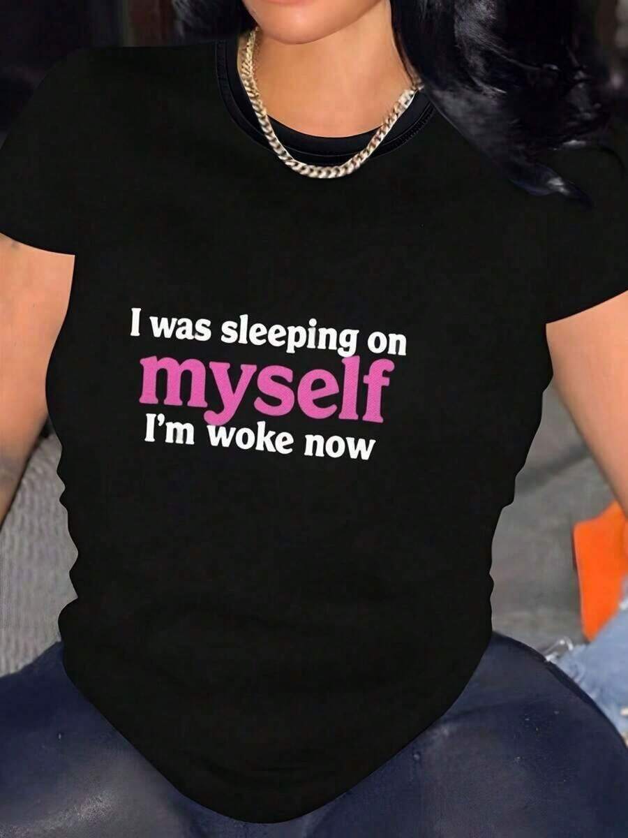 Talla Grande - Talla Grande - Camiseta de Mujer con Estampado "Estoy Durmiendo, Me Levanto" | Camiseta suave de manga corta y cuello redondo, estilo casual, top de verano con un llamativo texto en rosa y blanco - un regalo perfecto para amigos, familiares o activistas de la justicia social, ropa informal. - Negro - Ver 1