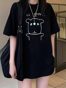 Nueva Camiseta de Verano Elegante para Mujer, Holgada, con Hombros Caídos y Cuello Redondo de Manga Corta, Estampado de Patito de Dibujos Animados Estilo Japonés y Coreano, Casual, Versátil y Linda - Negro - Ver 2