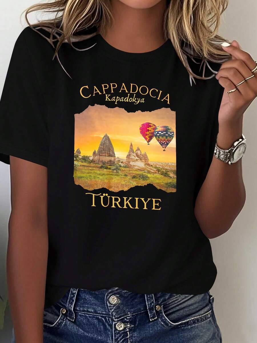 Women's T-Shirt With A Print Inspired By The Natural Beauty Of Cappadocia (Turkey), Short Sleeve Design, Comfortable And Versatile, The First Choice For A Casual Morning Outfit. - 黑色 - 查看 1
