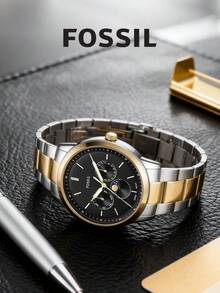 Fossil 多功能双色不锈钢石英男士腕表，黑色表盘，三个小表盘 FS5906 - 黑色 - 查看 1
