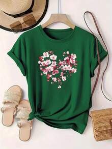 Camiseta de manga corta con cuello redondo y estampado floral en forma de corazón, estilo europeo y americano, suéter deportivo para mujer. SHMC - Verde - Ver 6