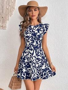 Vestido de línea A con cintura ceñida y mangas con volantes, vestidos de verano para mujeres, conjuntos de verano para mujeres, atuendos para cena de vacaciones, atuendos de verano para mujeres, vestidos, ropa de vacaciones para mujeres, atuendos de primavera para mujeres, vestidos, atuendos de vacaciones para mujeres, vestidos casuales para mujeres, vestidos con estampado floral para mujeres - Albaricoque - Ver 8