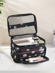 1pc Classic Daisy Mesh Flap Cosmetic Bag, Large Capacity Travel Organizer, Front Opening Portable Toiletry Bag, Transparent Window Skincare Storage Pouch, Girly Travel Essential - Multicolor - View 4