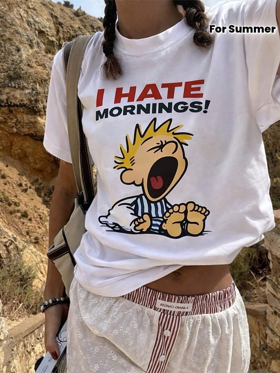 Playeras de mujer, nueva moda 2026, camiseta de manga corta - Blusa casual de cuello redondo con estampado de letras y dibujos animados, no adecuada para atuendos casuales de verano, blusa de cuello redondo lavable a máquina para conjuntos casuales. - Blanco - Ver 1
