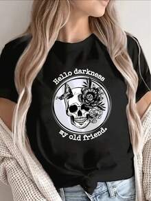 This Lightweight And Durable Short-Sleeved T-Shirt, Featuring A Skull And Flower Design, Is Perfect For Casual Outings To Restaurants Or Relaxing At Home, Offering Comfortable Everyday Wear. 180g 100% Cotton. - 黑色 - 查看 11