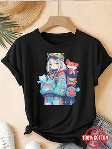 Camiseta de mujer moderna con un gráfico de dibujos animados caprichoso de un lindo anime hecho deDaily Casual Round Neck Short Sleeve-Shirt Women - Negro - Ver 7