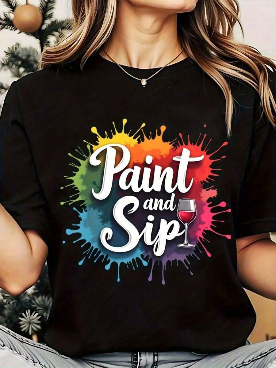 Camiseta para Mujer con Estampado de Salpicaduras de Pintura y Copa de Vino, Cuello Redondo, Uso Diario Casual, Suave y Cómoda, Camiseta para Vacaciones, 220g, Playera Holgada para Mujer - Negro - Ver 1