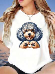 ModernoCute Camiseta con Estampado de Huella de Pata de Perro Poodle en Forma de Corazón para Mujer, Top Casual de Verano Blanco, Camiseta de Mujer, 220g Ropa Casual - Blanco - Ver 3