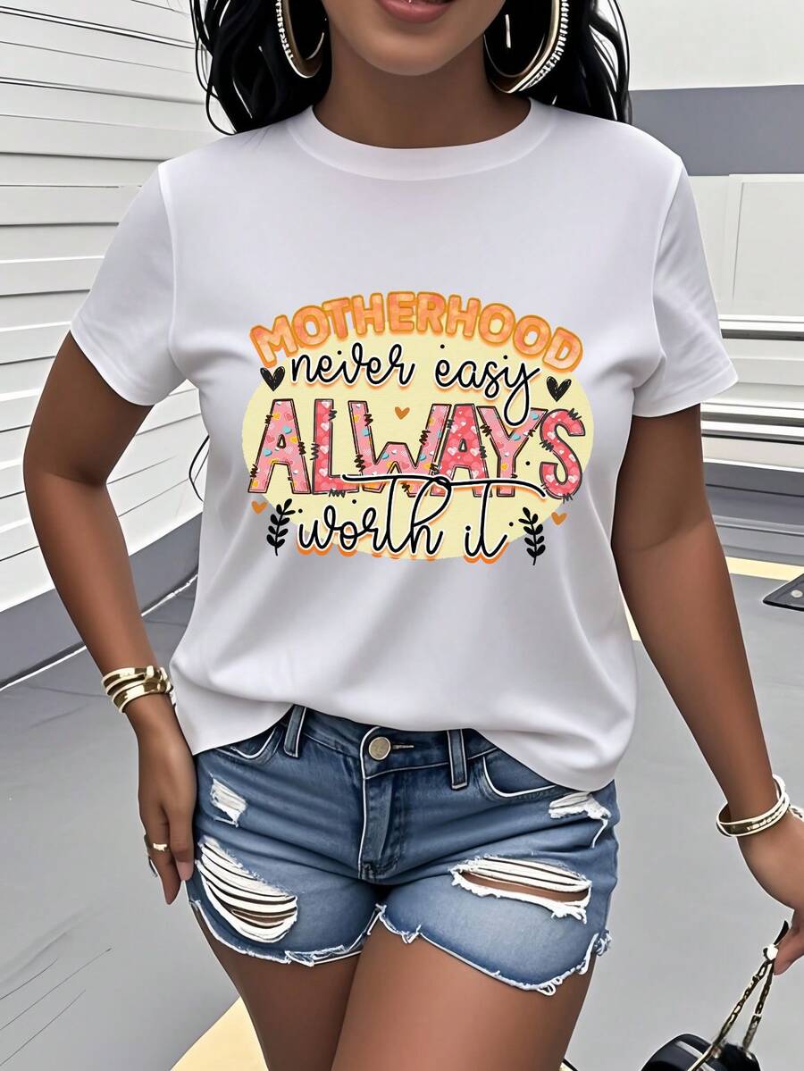 Camiseta Estampada con la Frase "Amor de Madre", Ropa de Mujer de Manga Corta y Cuello Redondo, Presenta un Diseño con Temática de Amor Materno, Transmite Emociones Cálidas, Cómoda y Versátil, Adecuada para Uso Diario en Verano, Regalo para el Día de la Madre, Regalo de Cumpleaños, Regalo para Mamá, Ropa para Expresar Amor, Conjuntos para Padres e Hijos, Ropa Familiar Acogedora, Camiseta Estampada Personalizada, Resalta el Encanto Femenino, Atuendo Casual a la Moda, Estilo de Urbana, Atuendo de Amistad, Artículo de Moda, Fácil de Crear un Look, Tela Cómoda y Transpirable. - Blanco - Ver 1