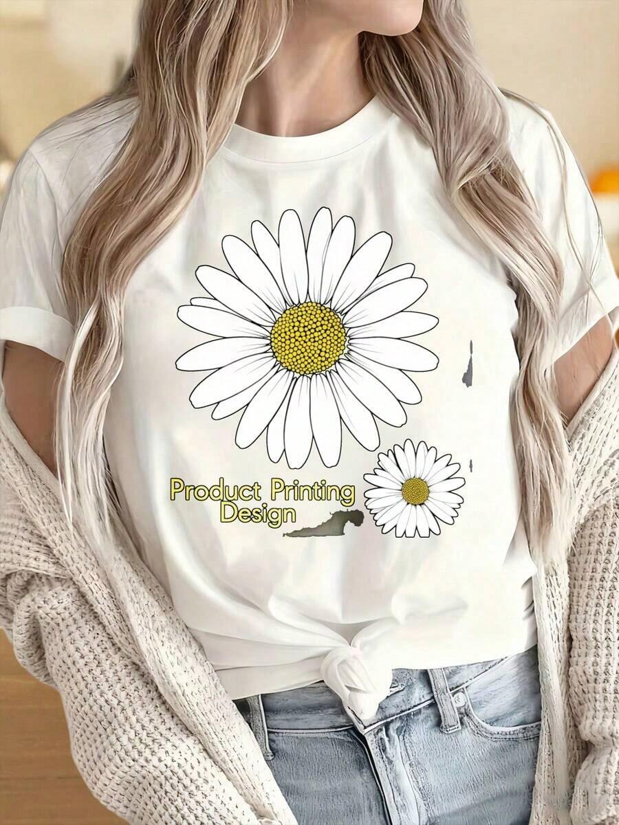 Camisetas para Mujer y Hombre con Cuello Redondo y Mangas Cortas, Camiseta con Estampado de Flores Margaritas para Mujer, Top Casual de Algodón Negro con Diseño Gráfico para Uso Diario. Estampados Divertidos Ideales para Fiestas de Navidad, Actividades Deportivas, Fiestas de Vacaciones, Salidas, Deportes y Otros Regalos Festivos. - Blanco - Ver 1