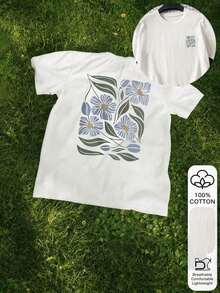 1 Piece Fashion Casual For Men And WomenBlusa de algodón 100% con estampado floral, de manga corta y casual. Tela suave, ropa de algodón, para uso en exteriores, con estampado, camiseta de verano para mujer, blusa, top de verano, atuendo de vacaciones, estilo de viaje, estilo playero, ropa minimalista para resort, versátil, fácil de combinar, ropa de uso diario, estilo urbano, conjuntos de vacaciones, conjuntos de fin de semana. - Blanco - Ver 5