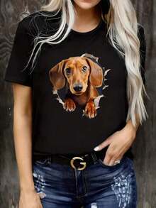 Camiseta de Algodón Vintage, Ligera y Resistente, con Estampado de Dachshund, Ideal para Salidas Informales en Casa, Cafés o al Aire Libre, Perfecta para Entusiastas de los Perros para Uso Diario. - Negro - Ver 5
