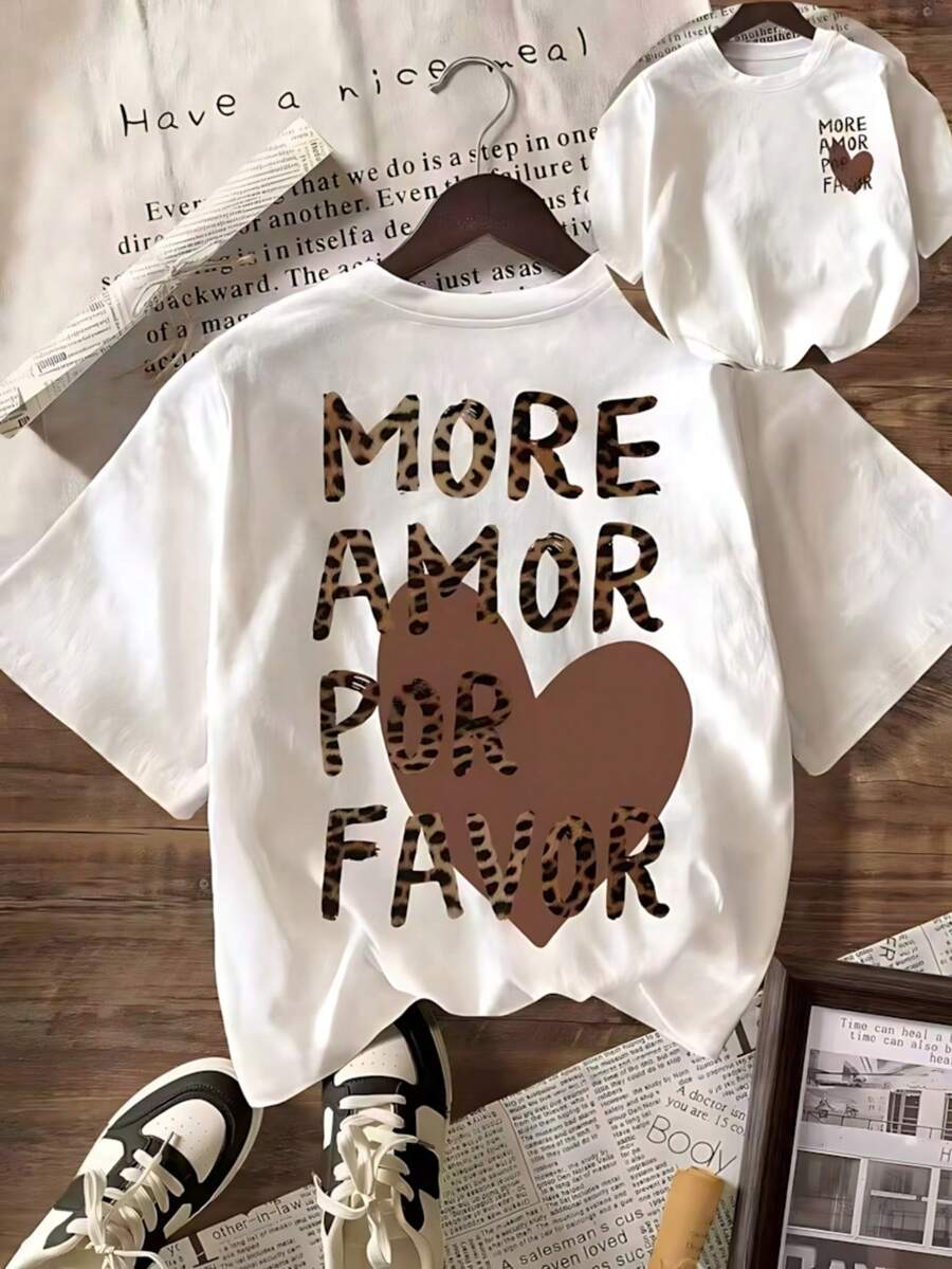 Camiseta de manga corta de verano para mujer con estampado de leopardo y corazones. - Blanco - Ver 1