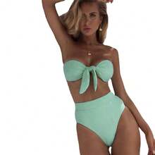 2026 New High-Waisted Women's Two-Piece Bikini Swimsuit With Strapless Top And Ribbed Design - Pink - View 5