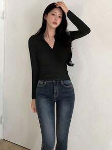 Camiseta de polo de manga larga, ajuste ceñido, unicolor, casual, para otoño y verano - Negro - Ver 2