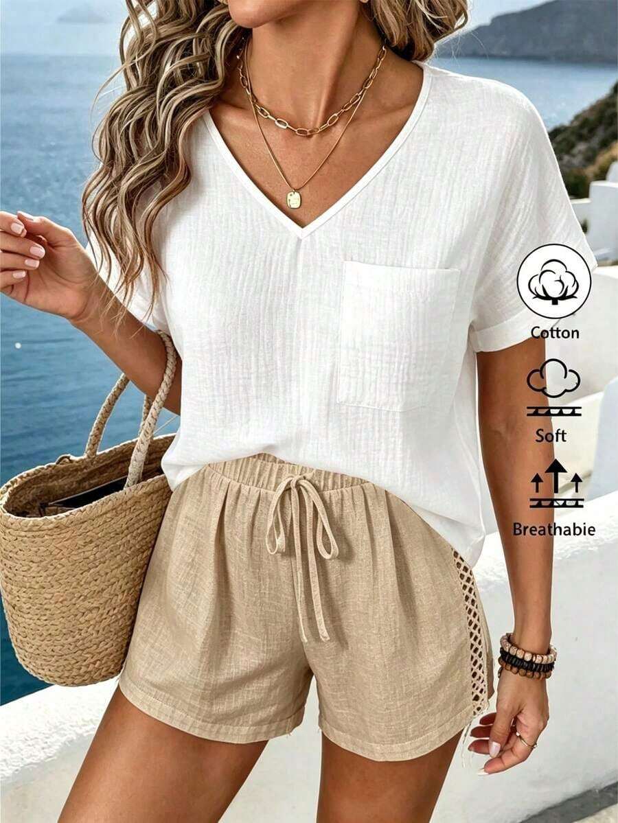 Blusa de mujer de algodón con doble capa y cuello en V de manga corta - Blanco - Ver 1