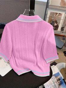 Top de punto casual y versátil con diseño hueco y cuello polo de verano - Rosa - Ver 3