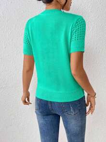 Top de punto de cuello redondo de unicolor con mangas cortas para verano, como ropa para Año Nuevo - verde menta 2 - Ver 2