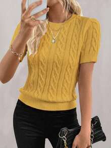 Suéter con cuello redondo y decoración trenzada con cuerda, inspirado en de blogueros, diseño de moda versátil, otoño/invierno - Mostaza Amarilla 2 - Ver 2