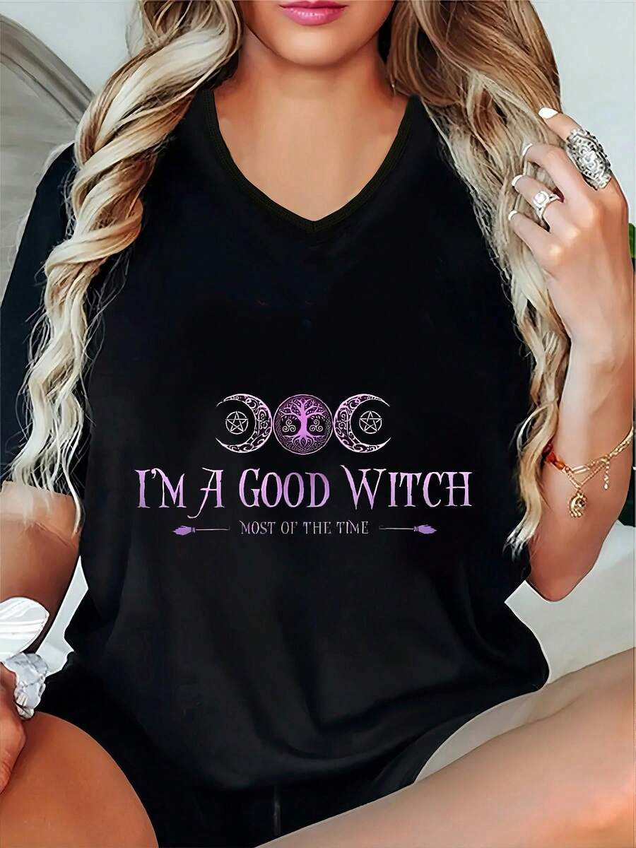Talla Grande - Talla Grande - Camiseta de Mujer con Cuello en V Talla Grande| Casual, Transpirable, Agradable para la Piel, Patrón Geométrico, Tejido Ligeramente Elástico, Versátil, Cómoda, No Transpira, Ropa de Primavera/Verano - Negro - Ver 1
