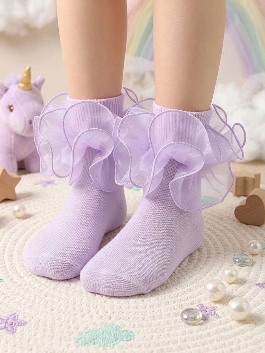 1 đôi tất bé gái có viền ren hoa xếp nếp, tất công chúa cho bé. - Màu tím hoa cà - Xem 1