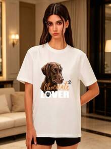 Women's 180g T-Shirt With Chocolate Labrador Print, Short Sleeve, Round Neck, Loose Casual Top,  Summer Printed T-Shirt, Gift For Dog Lovers, Family Gatherings, Company Building Activities 2024 - Unisex Loose Cotton T-Shirt With Short Sleeves And Round Neck Urban Vintage Style. - 白色 - 查看 7
