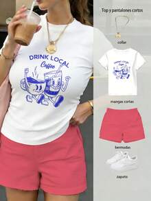 Conjunto de dos piezas de camiseta corta y shorts para mujer, con divertidas tazas de café en estilo retro azul y letras, estilo animado y alegre, ideal para un look retro americano, cómodo y con personalidad - Camiseta blanca + pantalones cortos ROSA - Ver 1