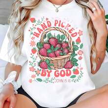 Camiseta de Mujer con Estampado de Fresas Recogidas a Mano por Dios, Manga Corta, Cuello Redondo, Top Casual, Regalo de Otoño Invierno para Amigas y Familiares Cristianas, Top Casual Estampado para Mujer, Blusas para Mujer - Blanco - Ver 6