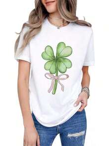 Camisetas del Día de San Patricio para Mujer, Camisetas con Tréboles Irlandeses de la Suerte, Manga Corta, Cuello Redondo, Blancas, Estampadas, con LazoSuitable for spring, summer and autumn - Blanco - Ver 7