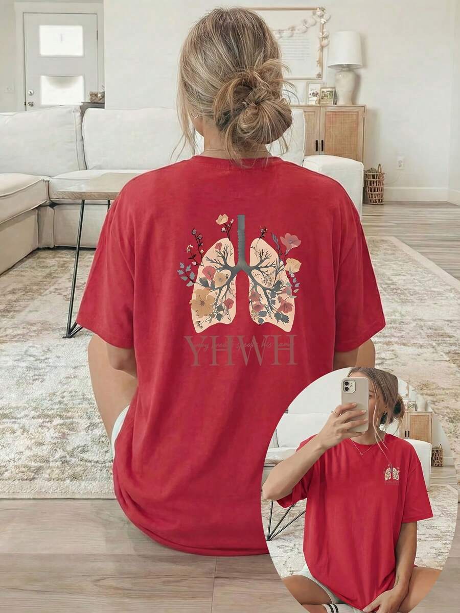 [Impresión a Doble Cara] Camiseta Casual de Verano para Mujer, con diseño en forma de hoja con patrones florales y de follaje incrustados, adornada con las letras YHWH, ropa versátil, material cómodo, camiseta de manga corta, 100% Algodón para entusiastas de la moda. - Rojo - Ver 1