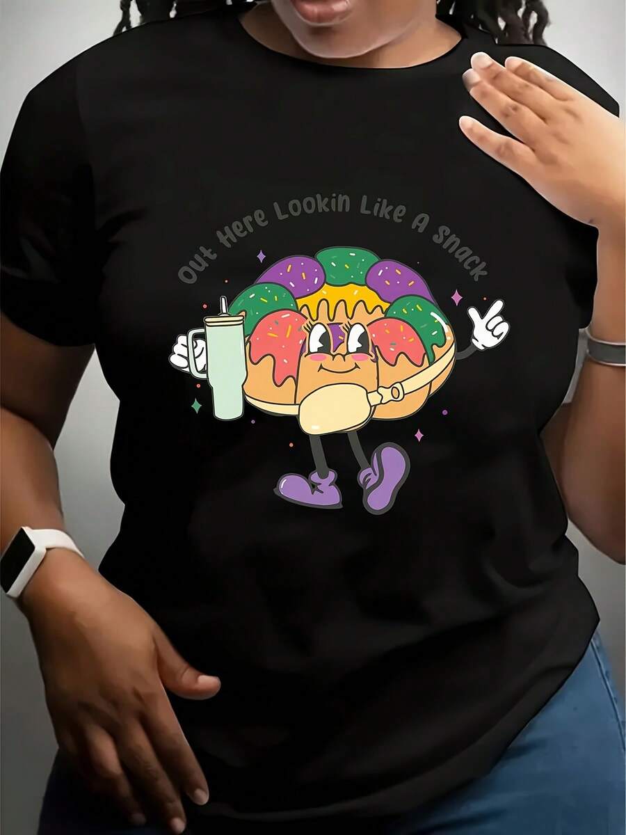 Talla - Camiseta de Mujer con Estampado de Carnaval - Lindos personajes de snacks y estampados geométricos, mangas cortas transpirables con cuello redondo, lavable aáquina, top para fiestas de verano, temática de carnaval - Camiseta Unisex de Algodón Holgada de Manga Corta con Cuello Redondo Estilo Vintage Urbano - Negro - Ver 1
