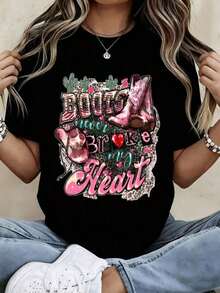 Camiseta de cuello redondo para mujer con estampado "Las botas nunca me rompieron el corazón", manga corta, estilo casual, ideal para festivales de música country y uso diario. - Negro - Ver 1