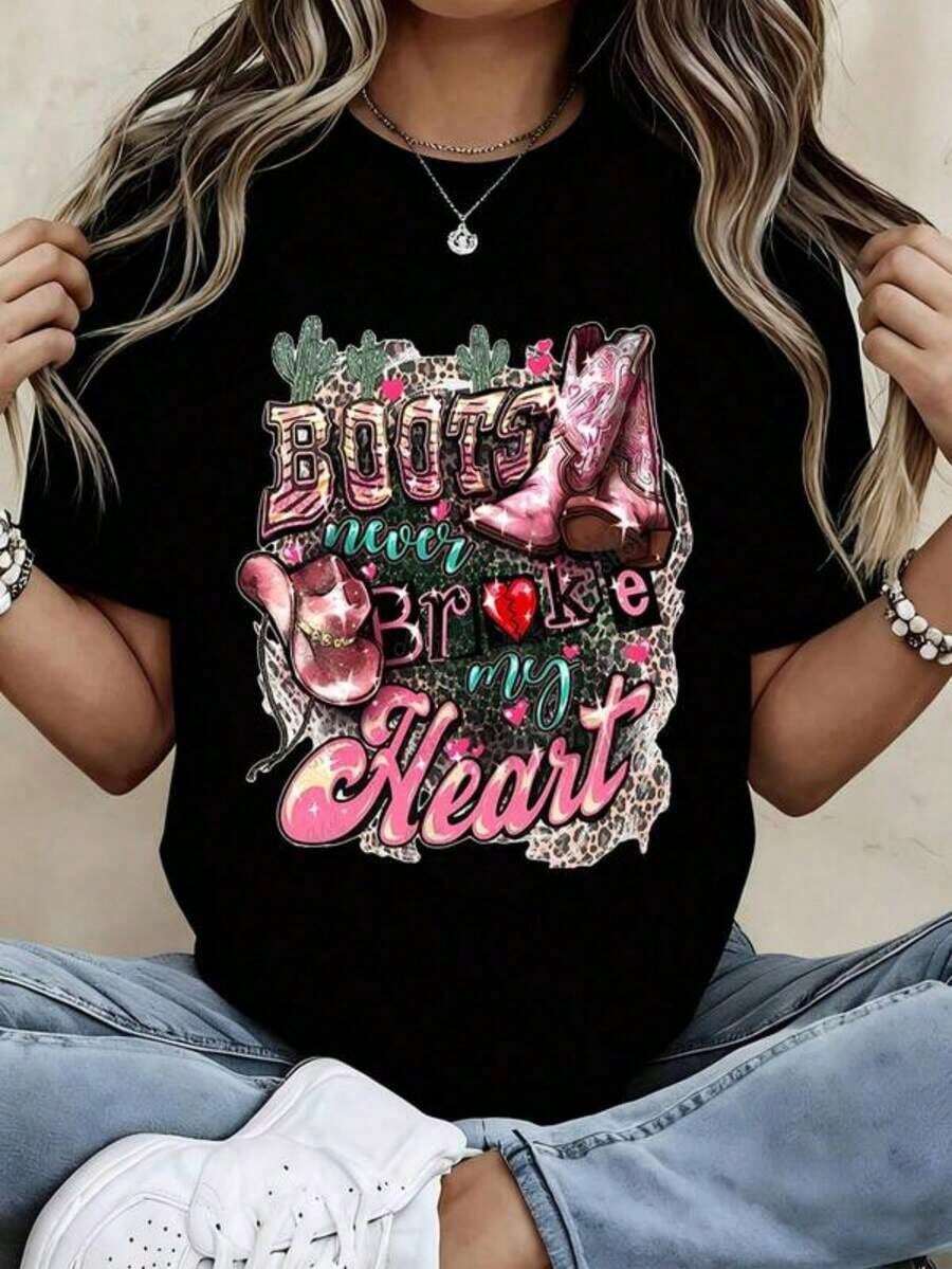 Camiseta de cuello redondo para mujer con estampado "Las botas nunca me rompieron el corazón", manga corta, estilo casual, ideal para festivales de música country y uso diario. - Negro - Ver 1