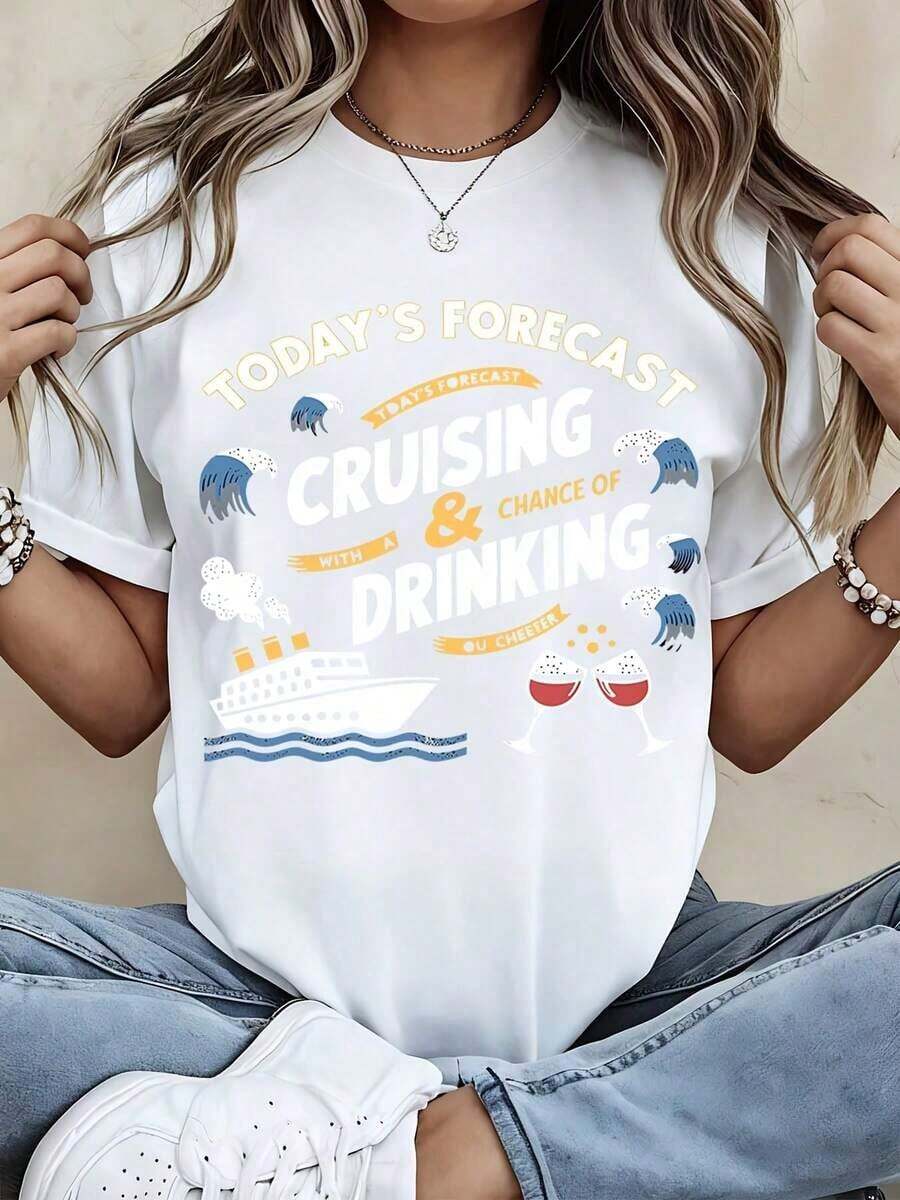 Cruise Ship And Wine Glass Print T-Shirt With Waves For Casual Outfits - Unisex Vintage Urban Style, 100% Cotton Short Sleeve Crew Neck T-Shirt - 白色 - 查看 1