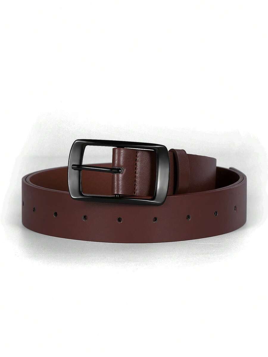 1 pièce Boucle rectangulaire large électroplaquée noire avec caractère japonais, ceinture en PU pour hommes - Marron - Voir 1
