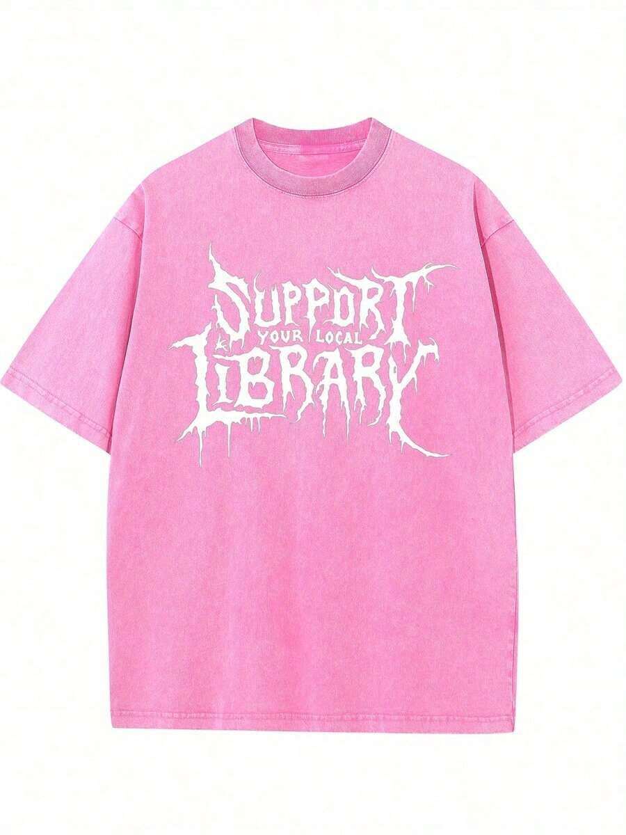 Camiseta Oversize Lavada de 230g, Apoya tu Biblioteca Local, Regalo para Bibliotecarios, Camiseta Gótica, Camiseta Casual Unisex de Manga Corta y Cuello Redondo, Ropa Transpirable y Elegante para el Verano, Regalo Ideal para Amigos y Familiares, Camiseta de Talla Grande Adecuada para Todas las Temporadas, El Regalo Perfecto para Él - Rosa Fucsia - Ver 1