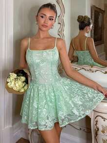 Vestido de tirantes elegante con bordado floral, adecuado para invitados de boda y ocasiones formales - Negro - Ver 5