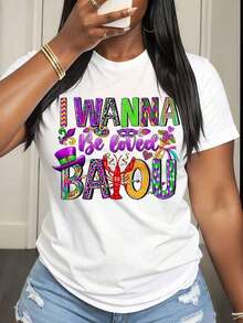 Camiseta Casual para Mujer, Diseño Festivo de Mardi Gras "Quiero Ser Amada" para Fiesta y Celebración - Blanco - Ver 6